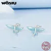 Boucles d'oreilles WOSTU 925 en argent Sterling bleu poisson volant boucles d'oreilles pour les femmes cadeau Unique oiseaux boucles d'oreilles Pendientes bijoux accessoires