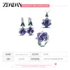 Sets ZDADAN 925 Sterling Silver Purple Flower Crystal Ring Earring Necklace Set For Women Fashion Glamour Gift Wedding Jewelry