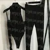 Siyah Kadınlar Bodysuit Bacak Pantolon Set Seksi Elmas Parlak Tenli Vücut Üst Kıyafetler Luuxry Tasarımcısı Siyah Gym Sportif Tayt Setleri