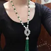 Chains Natural 8-9mm White Freshwater Pearl Inlaid Green Stone Long Tassel Necklace Sweater Chain Jewelry 25inch