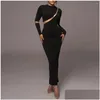 Basic & Casual Dresses Casual Dresses Women Dress Slim Fit Solid Color Elegant Sheath Maxi With See-Through Mesh Work Long Sleeve O N Otmpa