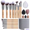 Makeup Brushes Bs-Mall Makeup Brushes Bamboo Premium Synthetic Foundation Powder Concealers Eye Shadows 18 Pcs Brush Set With 5 Sponge Dhfuo