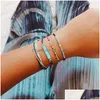 Bangle 4 stks/set Boheems Blauw Wit Handgemaakte Mtilayer Wax Touw Geweven Armband voor Vrouwen Vierkante Kralen Persoonlijkheid Drop Levering Jewe Dhmbu