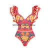 Maillots de bain pour femmes 2023 Maillot de bain une pièce à fleurs avec jupe de plage à volants col en V maillot de bain porter une jambe haute body monokini femmeh24221