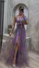 カジュアルドレスレディファッションのためのエレガントな紫色のネクタイのコントラストカラードレスシングルショルダースプリットメッシュベスティドス