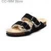 Slippers Winter Mannen Kunstmatige Pluche Kurk Slipper Warm Vrouwen Casual Nubuck Leer Buiten Metalen Gesp Zachte Slides Schoen