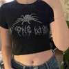 女性のTシャツスパイダーラインストーン夏のクロップトップブラックY2Kストリートウェアセクシーな短袖タイトなTシャツ女性用スリムベビーティー2000年代服T240221