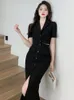 Elegant Formal 2 Pieces Outfits Women Professional Cropped Short Tops Shirt Blouse Slit Midi Skirt Sets Mujer Business Clothes 240219