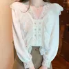 Blusas femininas frisadas flor com decote em v renda babados camisa de fundo para 2024 estilo outono blusa elegante topo senhoras manga longa
