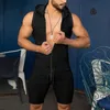 Men Casual Sleveless Buit Bodysuit zamek błyskawiczny z kapturem szorty rompers szczupłe domowe noszenie piżamę 240219