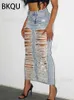 Saias 2023 Chic Rapped Skirt Mulher Fashion Cutout Cintura alta Saias longas de rua de rua Y2K Blue lavado Jean SKIRTS T240221