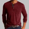 Printemps automne tendance t-shirt hommes élégant mode bouton demi-col ouvert couleur unie à manches longues poche t-shirts 240219