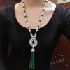 Chains Natural 8-9mm White Freshwater Pearl Inlaid Green Stone Long Tassel Necklace Sweater Chain Jewelry 25inch