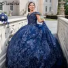 Dark Blue Glitter Crystal Sequined Ball -klänning Quinceanera klänningar från axelpärlor Corset Vestidos de 15 Anos