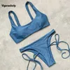 Damen-Bademode Vigorshely 2023 Sexy blauer Bikini-Set Bademode Damen Push-Up-Bademode Damen High Cut Tanga Brasilianischer Bikini-Badebekleidung J240221