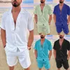 Nuovo 2024 Uomo Estate Cotone Lino Set Solido maniche corte Polo Collo Camicia e Pantaloncini Set Uomo Hawaiian Beach Holiday Abbigliamento Set 240221