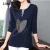 Women Round Neck Comfortable Cotton Top Tee Spring Autumn Trend Diamonds Office Lady Long Sleeve Shirt Womens Casual T-shirt 240219