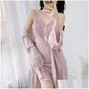 Femmes de nuit deux pièces femmes kimono peignoir ensemble rayonne satin chemise de nuit robe de nuit loungewear dame robe de bain robe drop livraison ap otkxz