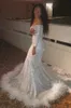 Elegant Silver Off-the-Shoulder Sequins Mermaid Long Prom Dress With Feather Vintage Long Sleeves Sparkle Beads Long Party Evening Gowns