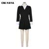 Robes de travail CM.YAYA 2024 INS femmes mode plissée mini jupes costume et chemise patchwork à manches longues blazer correspondant 2 deux pièces ensemble tenues