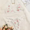 Sutiãs conjuntos roupa interior sexy terno transparente sutiã feminino 2 peças floral bordado renda sem suporte de aço