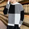 Herrtröjor stickade för män grön rutig man kläder crewneck runda krage tröjor över passande stickade produkter 2024 roliga s