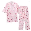 Abbigliamento etnico Primavera e autunno Pantaloni in garza di cotone da donna Kimono sottile Pigiama Completo da casa Set sudore estivo