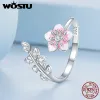 Ringar Wostu Solid 925 Sterling Silver Romantic Pink Cherry Blossom Open Rings for Women Lovely Flower Ring for Lover Family Gift R438