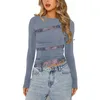 Mulheres Camisetas Mulheres Manga Longa Lace Trim Top Patchwork Slim Fit Camisa Tee Ver através de Y2K Saindo Colheita