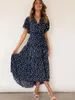 Abiti da festa Vintage Chic da donna a pois manica corta Beach Bohemian Maxi Dress Ladies Rayon Cotton Summer High Low Boho Robe