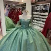 Sage Green Tull Shiny Ball Gown Quinceanera Dresses Off the Shoulder Sequined Appliques Lace Beading Corset Vestidos De 15 Anos
