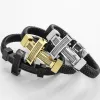 Strands Cross Bracelet Man Braided Leather & Gold Plated 316L Stainless Steel Men's Wrist Strap Bracelets Handles for Men Male Jewelry