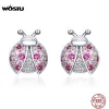 Earrings WOSTU 100% 925 Sterling Silver Ladybug Pink Zircon Stud Earrings Silver 925 Jewelry For Women Wedding Earrings Jewelry CQE715