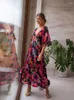 Partykleider Flordevida Blumenbedrucktes Kleid Frauen V-Ausschnitt Flare Sleeve Sommerurlaub Maxi Bohemian Boho Beach