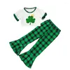 Комплекты одежды для маленьких девочек, топ с короткими рукавами на день Святого Патрика, зеленые расклешенные брюки в клетку, комплект летней одежды из 2 предметов