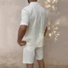 2024 verão novo masculino casual branco oco manga curta único peito camisa de duas peças conjunto para homem 240221