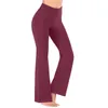 Calças femininas longas barriga controle treino yoga com bolsos fino cabido cintura alta perna larga calças de cor sólida