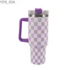 Water Bottles 40Oz Stainless Steel Mug 1200ml Coffee Cup Thermal Travel Car Auto Mugs Thermos Tumbler with Handle Chessboard Chequer Fashion YQ240221