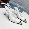 Designer Pointed Toes Pumps Slingback Logo Plaque Slippers sandals shoes women high heels Brushed leather patent leather sling back toe dress party wedding Summer