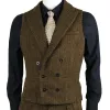 Män passar Vest Herringbone Tweed Slim Fit Waistcoat dubbelbröst ärmlös jacka för bröllopsfest prom kostym