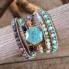 Armbänder Frauen Natürliche Steine Amazonit Perlen Wrap Leder Armbänder Boho Seil Strang Armband Böhmen Schmuck Großhandel Dropship