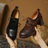 Dress Shoes LeShion Of Chanmeb Natural Leather Chunky Heels Women Kid Suede Lace-up Platform Square Toe Shoe Maillard Brown 40