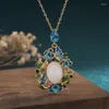 Chains Chinese Style Ancient Gold Craftsmanship Natural Hetian Jade Pendant Enamel Porcelain Flower Retro Ladies Jewelry Necklace