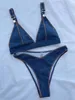 Damesbadmode 2024 Nieuw sexy V-hals laag uitgesneden damesbadpak denimblauw bikini set push-up string hoog getailleerd badpak Brazilië zwempak J240221