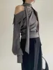 女性のブラウスクサヒキ韓国ファッションサテンストラップレススキューカラーブラウスエレガントなレースアップロングスリーブ女性シャツ2024秋のブルサスデ