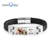 Bracelets Personalize Men Photo Leather Bracelet Family Names Custom Stainless Steel Stackable Bangle Jewelry Birthday Gift for Father