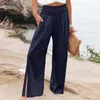 Pantalones De Mujer Palazzo De Cintura Alta De Color Sólido para Mujer Pantalones De Salón Boho De Pierna Ancha Elásticos Informales De Verano con Bolsillo Negro