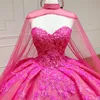 Rose Red Shiny Princess Lace Appliques Tull Quinceanera klänningar från axelbollklänningen Princess Dress Corset Vestidos de 15