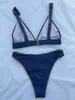 Damesbadmode 2024 Nieuw sexy V-hals laag uitgesneden damesbadpak denimblauw bikini set push-up string hoog getailleerd badpak Brazilië zwempak J240221