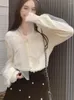 Camicette da donna Camicie moda coreana Donna Elegante fiocco in maglia di pizzo Patchwork Ufficio da donna Autunno Dolce fata Casual Blusa a maniche lunghe